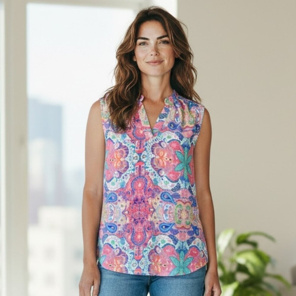 Violet + Claire V-Neck Sleeveless Top Pink Blue White Paisley Floral Sz S  #354J